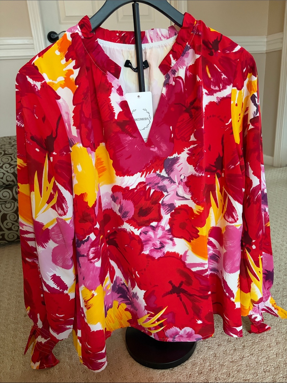Bright Red Floral V-Neck Long Sleeve Blouse with Pink & Yellow Accents
